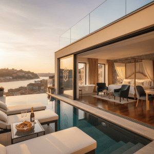 Luxury hotel suite with private infinity pool overlooking a river city at sunset. - Hotels met privé zwembad of swim-up kamers in Porto