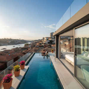 People relaxing in a rooftop infinity pool overlooking a river and historic city buildings. - Hotels met privé zwembad of swim-up kamers in Porto