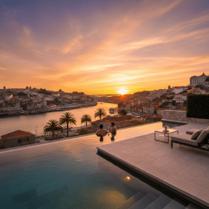 Two people in an infinity pool overlooking a river and city during a vibrant sunset. - Hotels met privé zwembad of swim-up kamers in Porto