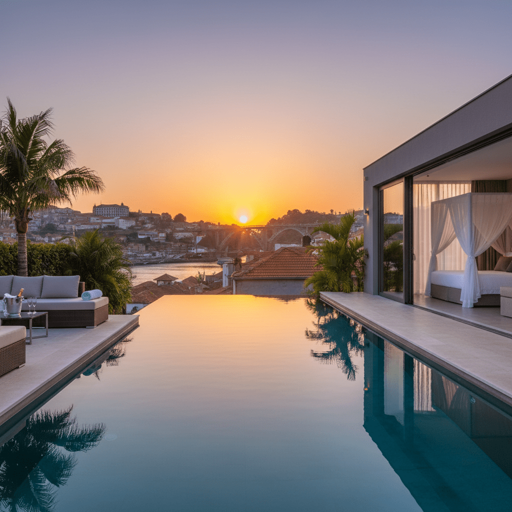 Infinity pool overlooking the Douro River and bridge during a golden sunset in Porto. - Hotels met privé zwembad of swim-up kamers in Porto